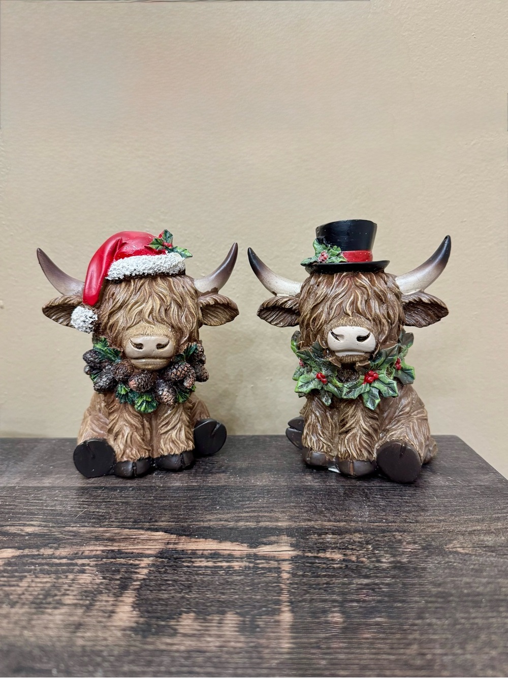 Holiday Highland Cow Figurine Set - Brown with Red and Green Accents